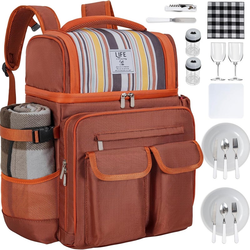 ITHWIU Picnic Backpack for 2 Person with 2 Insulated Leakproof Cooler Compartment, 2 Cutlery Sets, Wine Holder, Fleece Blanket, Perfect for Beach, Camping, Hiking, Brown - Image 1